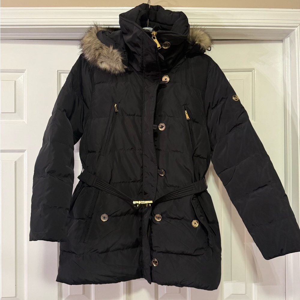 Michael Kors Black & gold coat w/fur hood